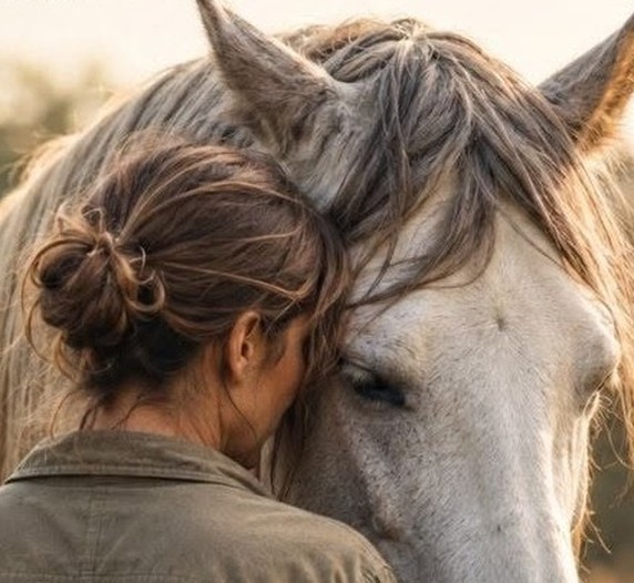 Moment de connexion entre une participante et un cheval, lumière dorée